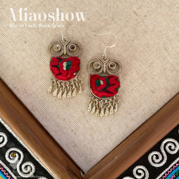 Owl Embroidery Earrings | Miao Handmade Jewelry
