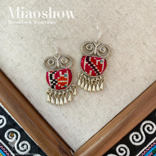 Owl Guardian Series | Geometric Red Miao Embroidery Earrings